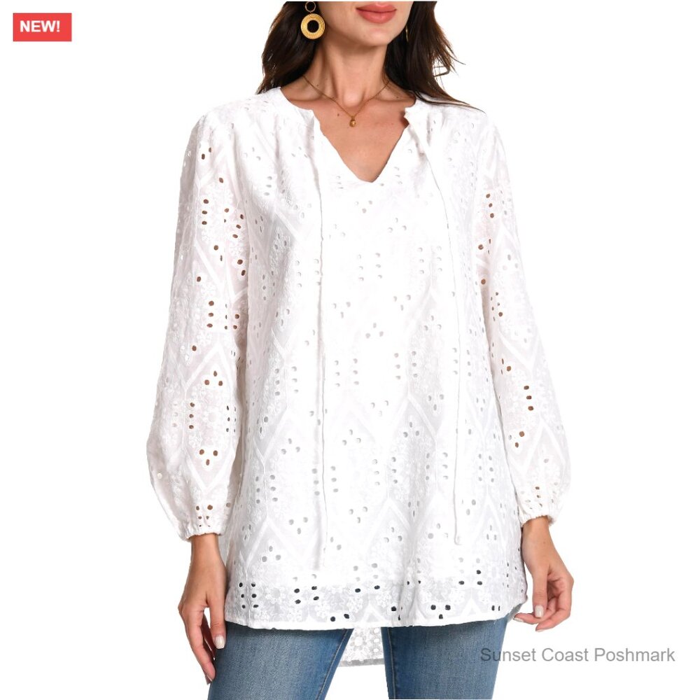 Lace Embroidered V-Neck Tunic Blouse Long Sleeve Hollow Out